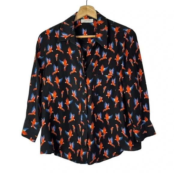 Anine Bing Black Billie Silk Parrot Print Long Sleeve Button Down XS - Picture 2 of 6